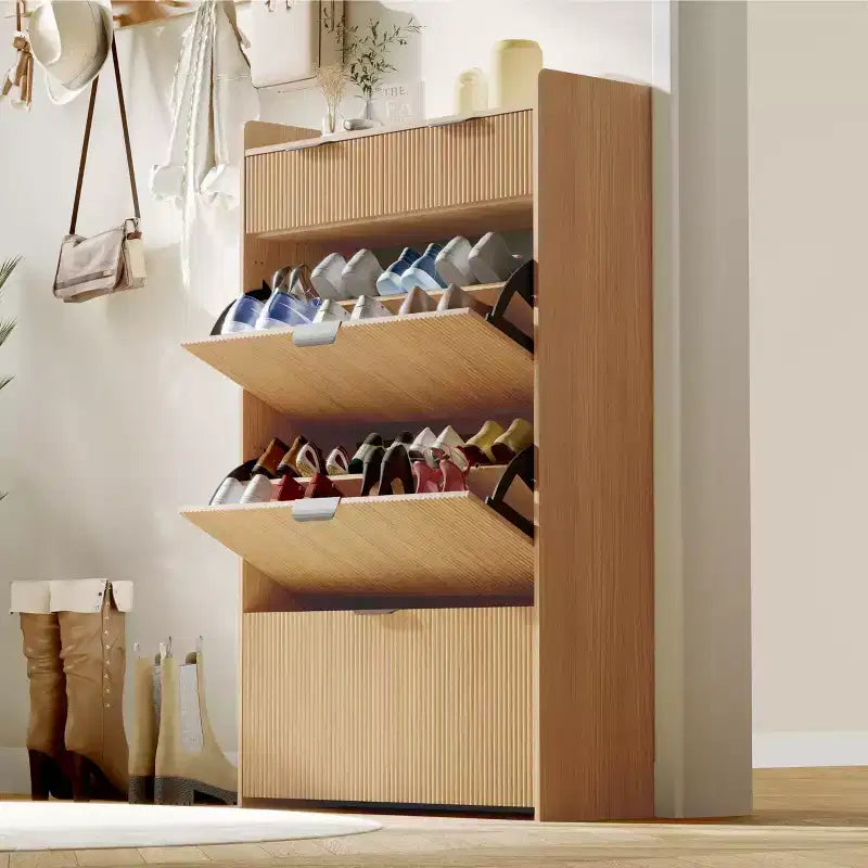 Modern Shoe Cabinet with 3 Flip Drawers & 2 Small Drawers & Hook, Slim Fluted Shoe Storage Organizer, Narrow Entryway Cabinet