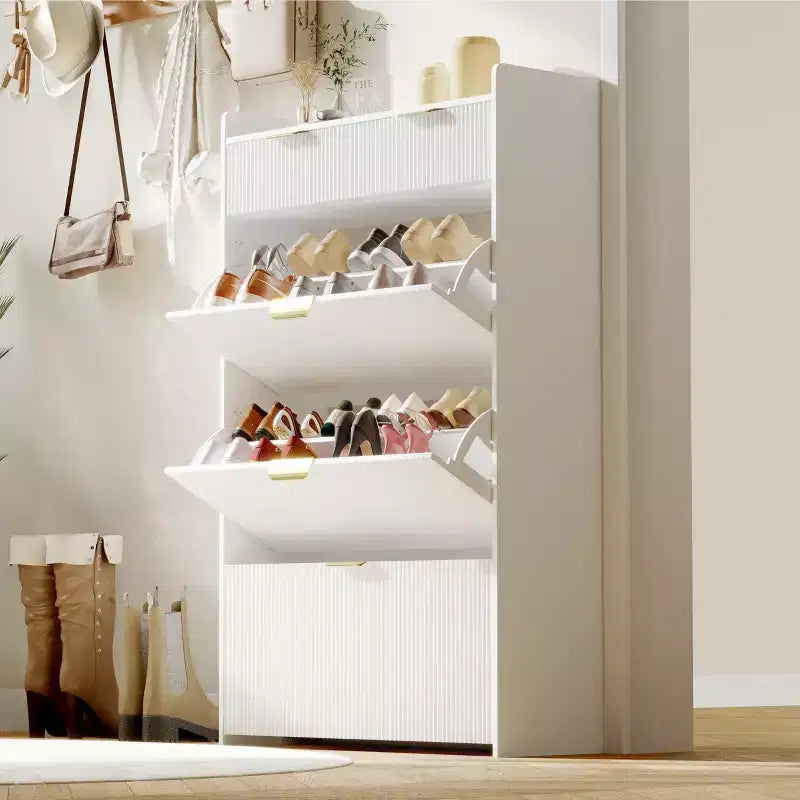 Modern Shoe Cabinet with 3 Flip Drawers & 2 Small Drawers & Hook, Slim Fluted Shoe Storage Organizer, Narrow Entryway Cabinet