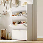 Modern Shoe Cabinet with 3 Flip Drawers & 2 Small Drawers & Hook, Slim Fluted Shoe Storage Organizer, Narrow Entryway Cabinet