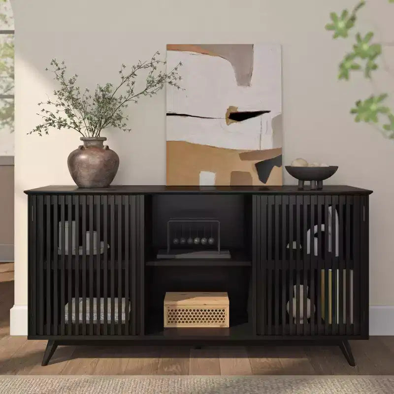 Plank+Beam Mid Century Modern Solid Wood Sideboard with 2 Doors, 59 TV Stand for Living Room