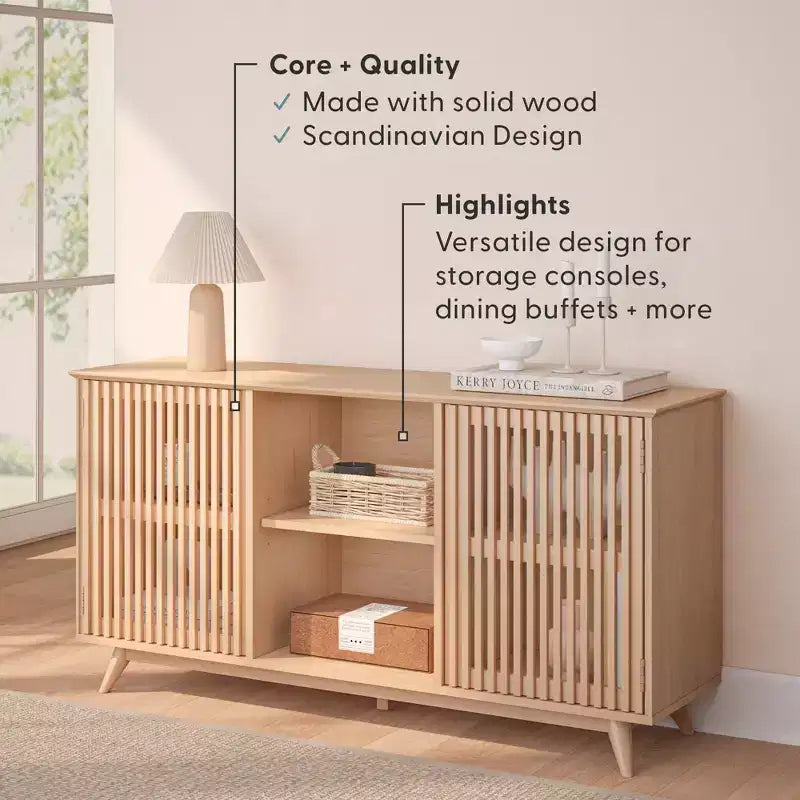 Plank+Beam Mid Century Modern Solid Wood Sideboard with 2 Doors, 59 TV Stand for Living Room