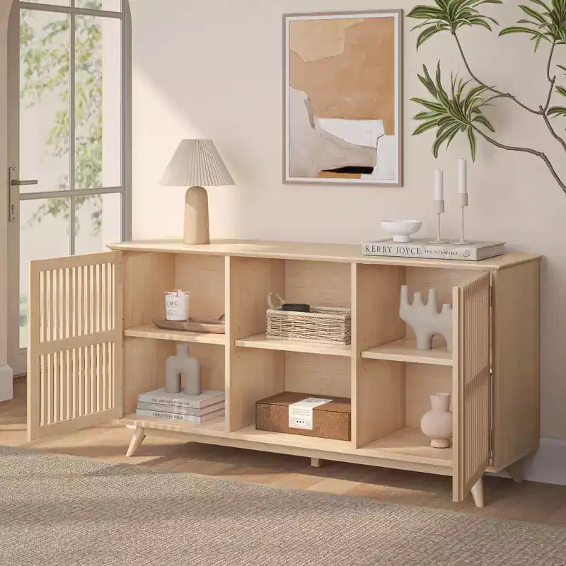 Plank+Beam Mid Century Modern Solid Wood Sideboard with 2 Doors, 59 TV Stand for Living Room