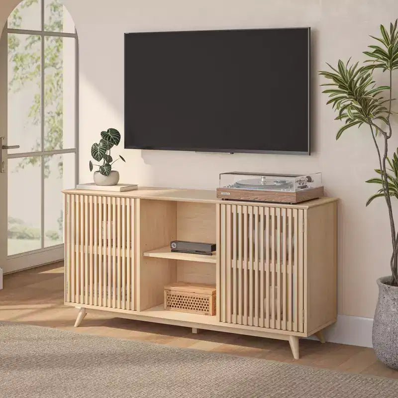 Plank+Beam Mid Century Modern Solid Wood Sideboard with 2 Doors, 59 TV Stand for Living Room