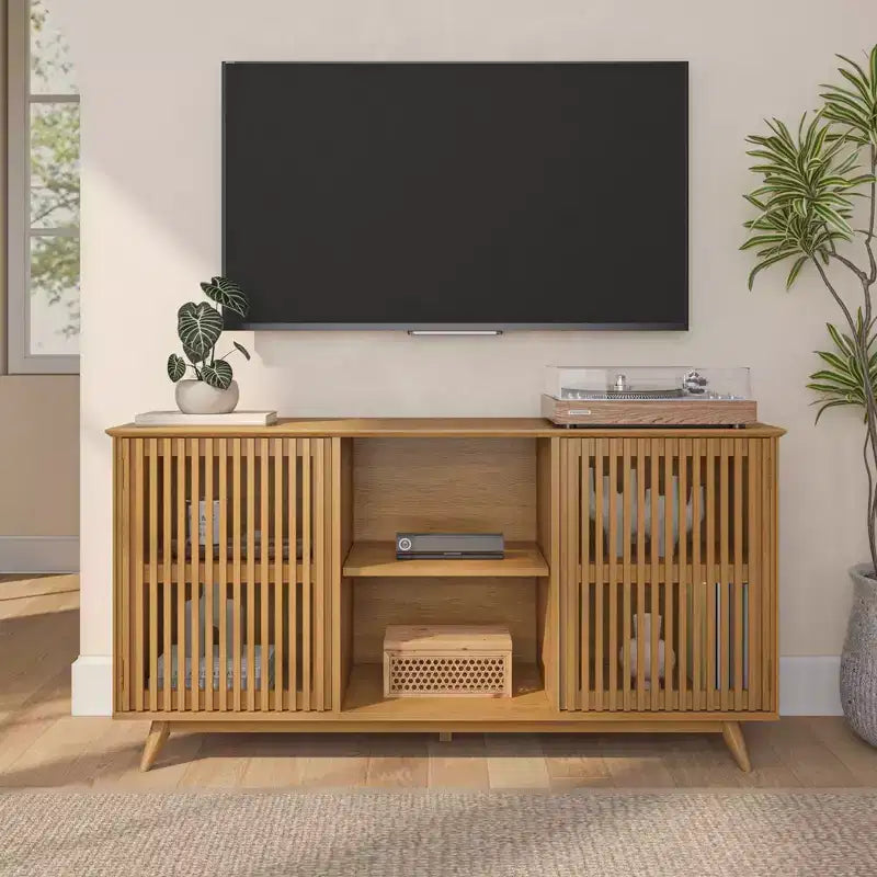 Plank+Beam Mid Century Modern Solid Wood Sideboard with 2 Doors, 59 TV Stand for Living Room