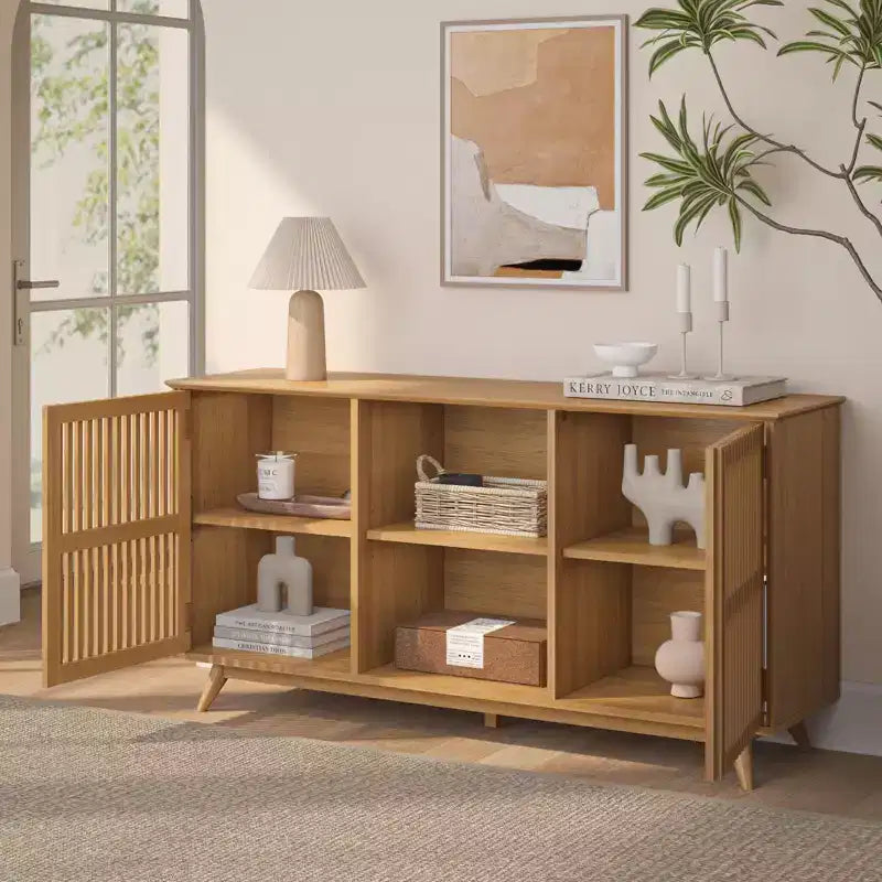 Plank+Beam Mid Century Modern Solid Wood Sideboard with 2 Doors, 59 TV Stand for Living Room