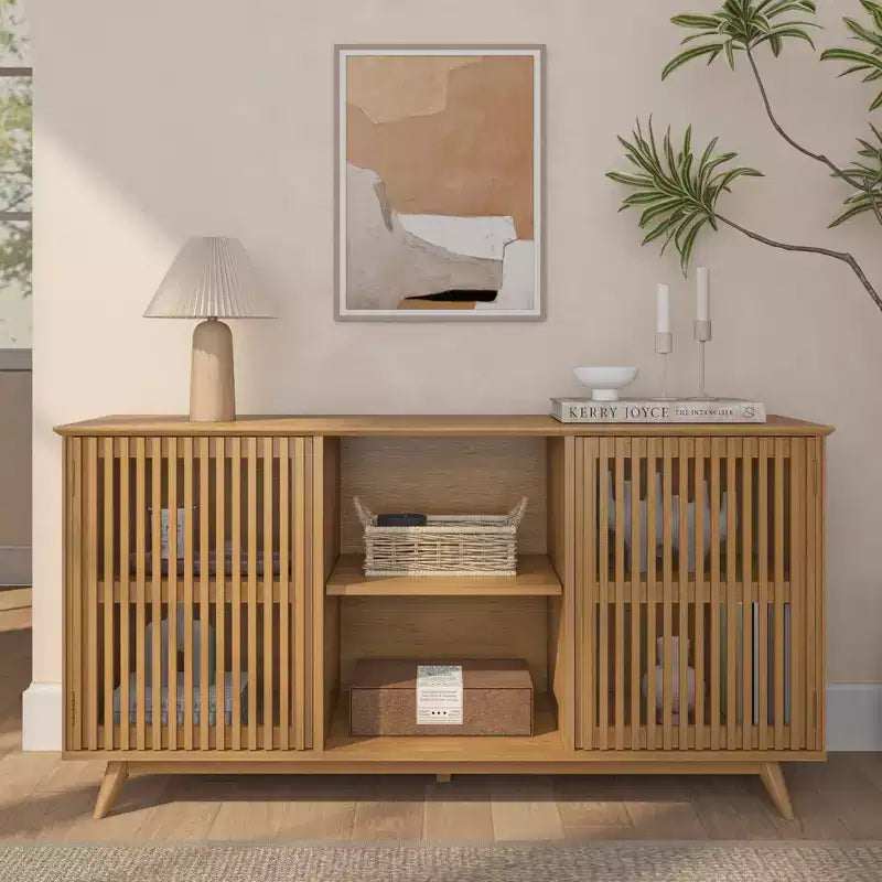 Plank+Beam Mid Century Modern Solid Wood Sideboard with 2 Doors, 59 TV Stand for Living Room