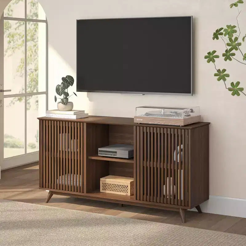 Plank+Beam Mid Century Modern Solid Wood Sideboard with 2 Doors, 59 TV Stand for Living Room