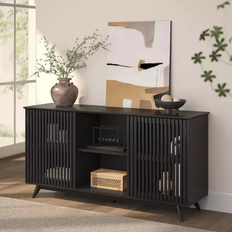 Plank+Beam Mid Century Modern Solid Wood Sideboard with 2 Doors, 59 TV Stand for Living Room