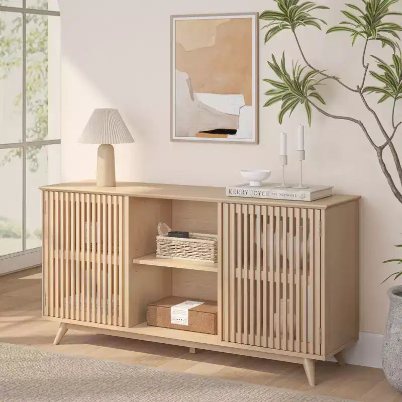 Plank+Beam Mid Century Modern Solid Wood Sideboard with 2 Doors, 59 TV Stand for Living Room