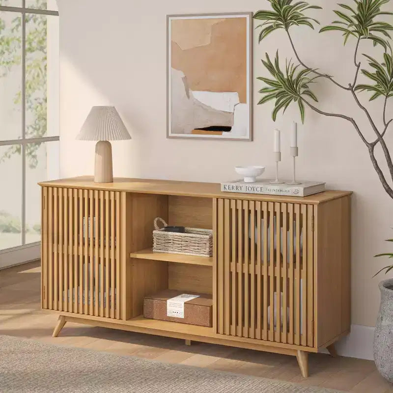 Plank+Beam Mid Century Modern Solid Wood Sideboard with 2 Doors, 59 TV Stand for Living Room