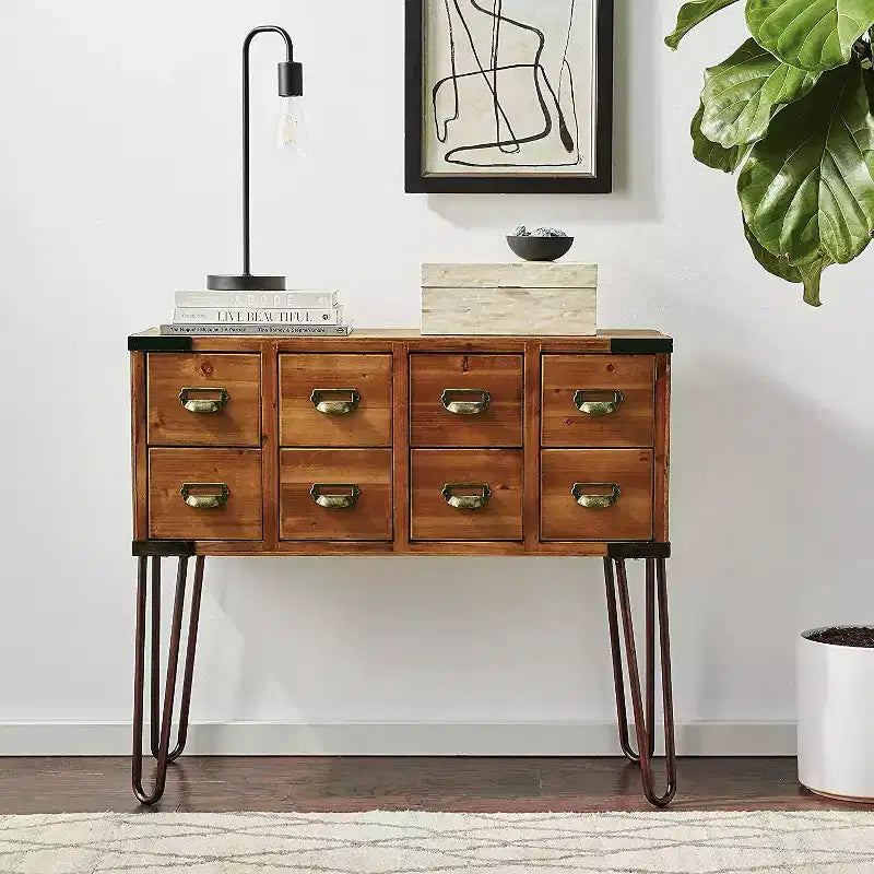 eHemco Antique Metal Legs Storage Console Table with 8 Drawers