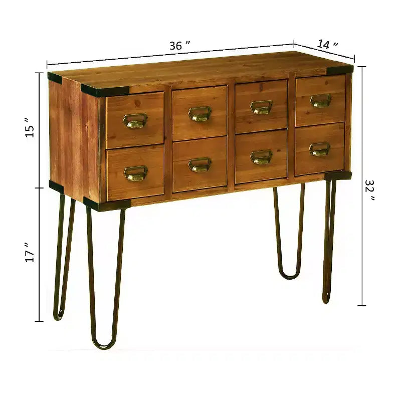 eHemco Antique Metal Legs Storage Console Table with 8 Drawers