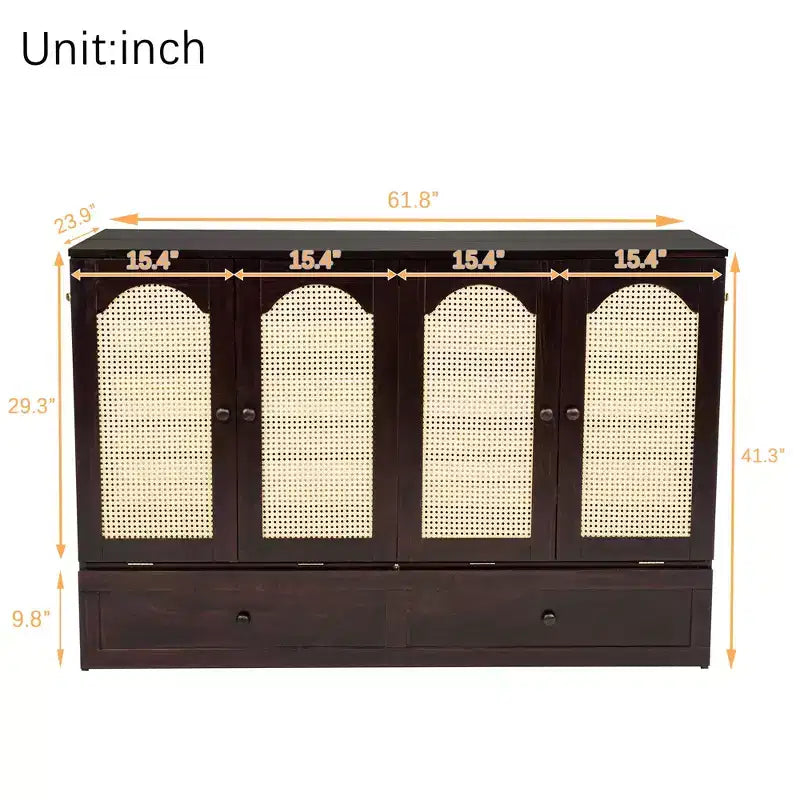 Whisen Queen Murphy Cabinet Bed with Charging Station - Pine Wood & Rattan Design, Foldable Space-Saving Solution