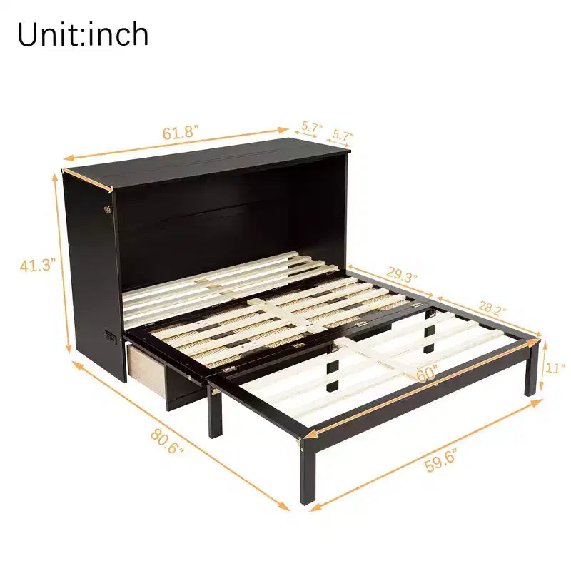 Whisen Queen Murphy Cabinet Bed with Charging Station - Pine Wood & Rattan Design, Foldable Space-Saving Solution