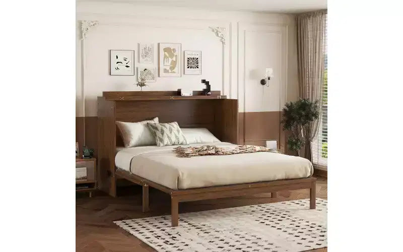 Whisen Queen Murphy Cabinet Bed with Charging Station - Pine Wood & Rattan Design, Foldable Space-Saving Solution