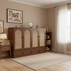 Whisen Queen Murphy Cabinet Bed with Charging Station - Pine Wood & Rattan Design, Foldable Space-Saving Solution