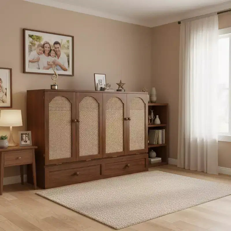 Whisen Queen Murphy Cabinet Bed with Charging Station - Pine Wood & Rattan Design, Foldable Space-Saving Solution