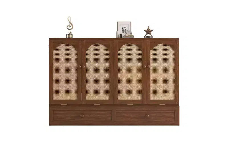 Whisen Queen Murphy Cabinet Bed with Charging Station - Pine Wood & Rattan Design, Foldable Space-Saving Solution
