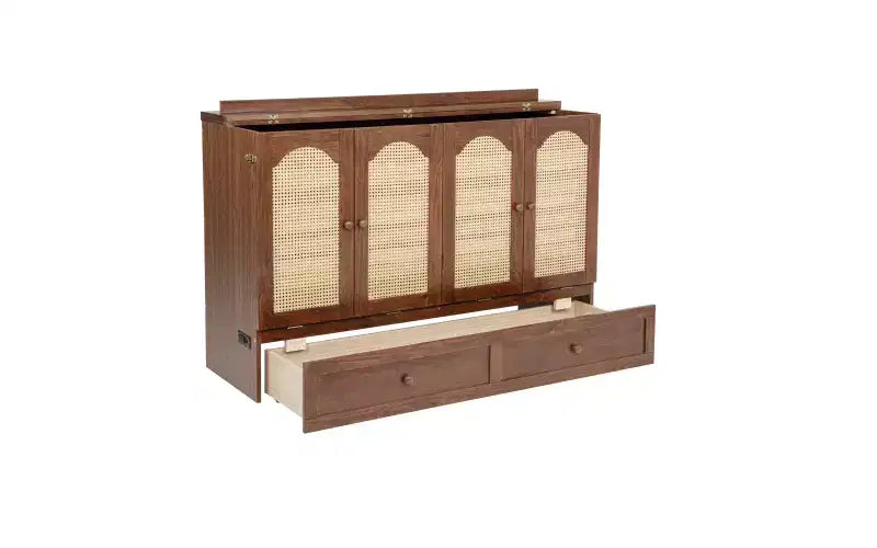 Whisen Queen Murphy Cabinet Bed with Charging Station - Pine Wood & Rattan Design, Foldable Space-Saving Solution