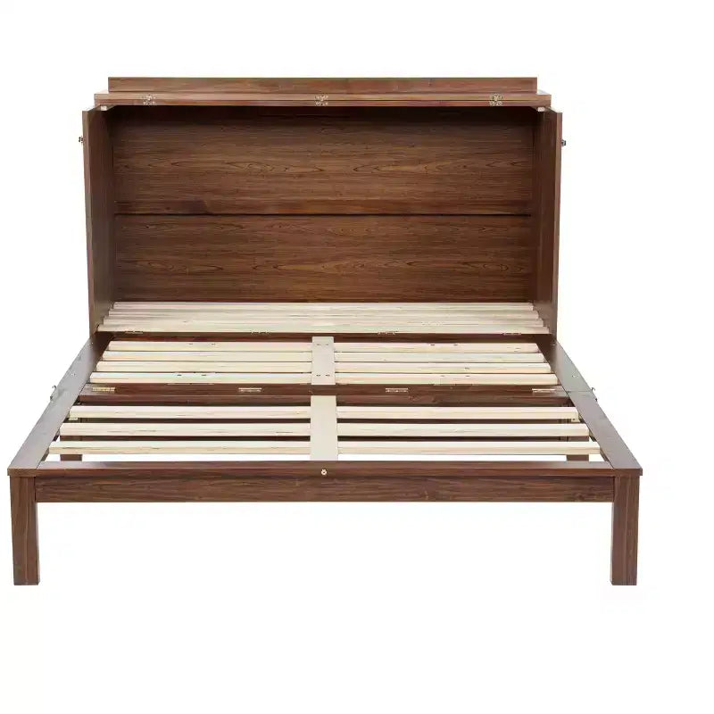 Whisen Queen Murphy Cabinet Bed with Charging Station - Pine Wood & Rattan Design, Foldable Space-Saving Solution