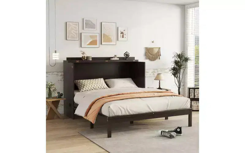 Whisen Queen Murphy Cabinet Bed with Charging Station - Pine Wood & Rattan Design, Foldable Space-Saving Solution