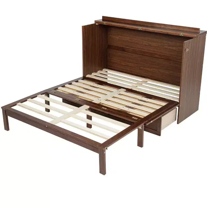 Whisen Queen Murphy Cabinet Bed with Charging Station - Pine Wood & Rattan Design, Foldable Space-Saving Solution