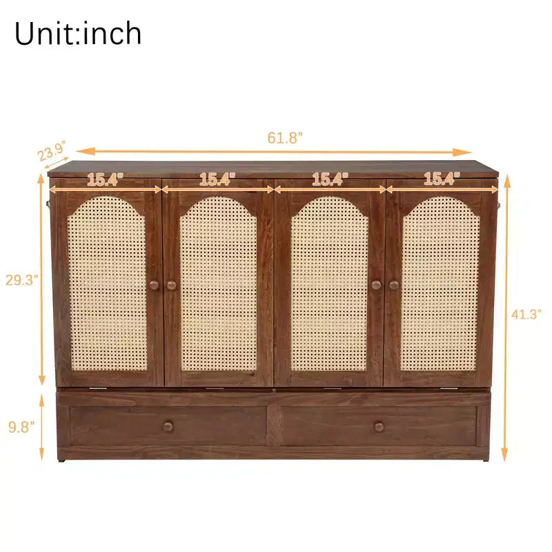 Whisen Queen Murphy Cabinet Bed with Charging Station - Pine Wood & Rattan Design, Foldable Space-Saving Solution