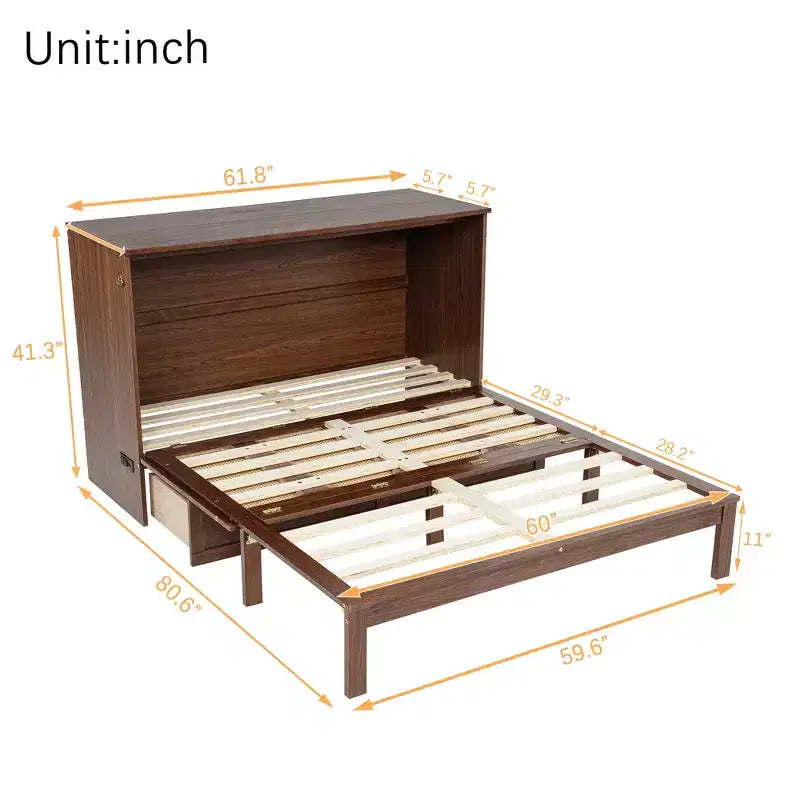 Whisen Queen Murphy Cabinet Bed with Charging Station - Pine Wood & Rattan Design, Foldable Space-Saving Solution