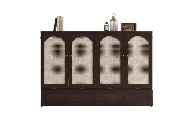 Whisen Queen Murphy Cabinet Bed with Charging Station - Pine Wood & Rattan Design, Foldable Space-Saving Solution