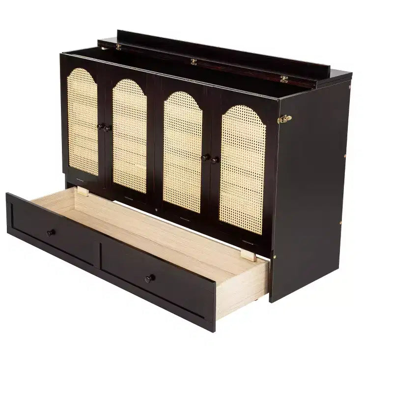 Whisen Queen Murphy Cabinet Bed with Charging Station - Pine Wood & Rattan Design, Foldable Space-Saving Solution