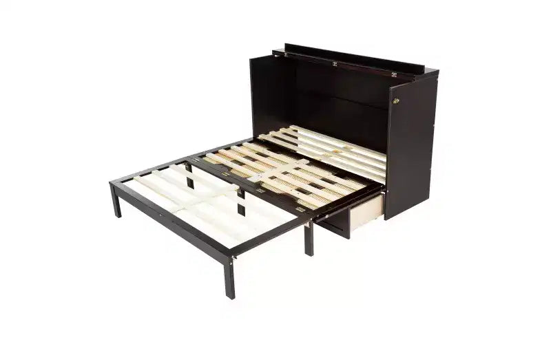 Whisen Queen Murphy Cabinet Bed with Charging Station - Pine Wood & Rattan Design, Foldable Space-Saving Solution