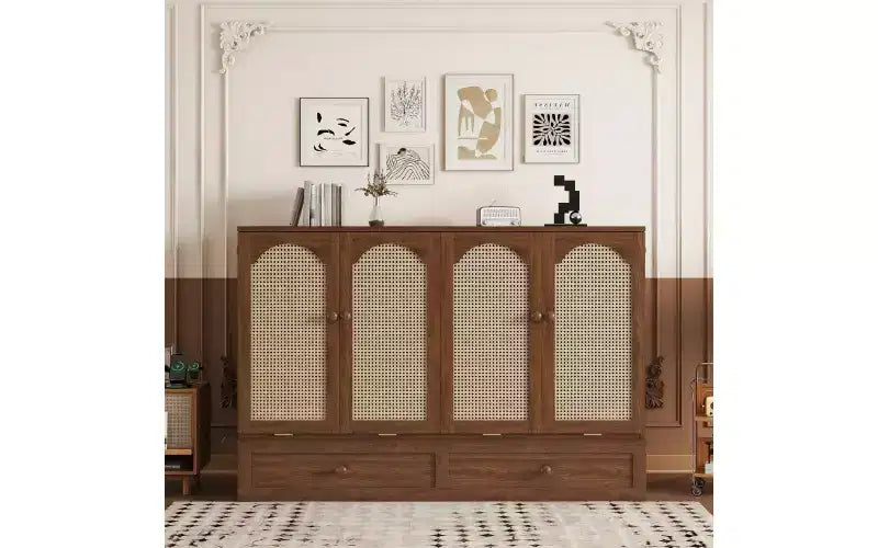 Whisen Queen Murphy Cabinet Bed with Charging Station - Pine Wood & Rattan Design, Foldable Space-Saving Solution