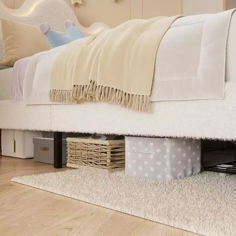 Upholstered Headboard Bed Frame for Girls, Boucle Platform with Storage Drawers, Princess Design for Kids, Strong Wood Slat Support.