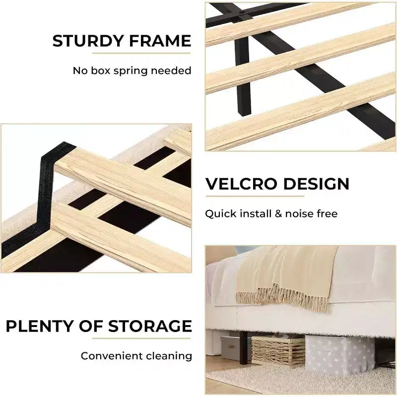 Upholstered Headboard Bed Frame for Girls, Boucle Platform with Storage Drawers, Princess Design for Kids, Strong Wood Slat Support.