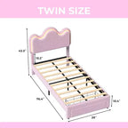 Upholstered Headboard Bed Frame for Girls, Boucle Platform with Storage Drawers, Princess Design for Kids, Strong Wood Slat Support.