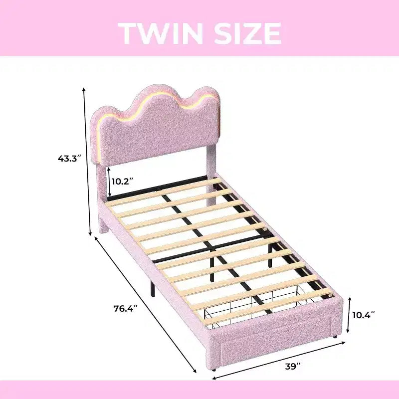 Upholstered Headboard Bed Frame for Girls, Boucle Platform with Storage Drawers, Princess Design for Kids, Strong Wood Slat Support.