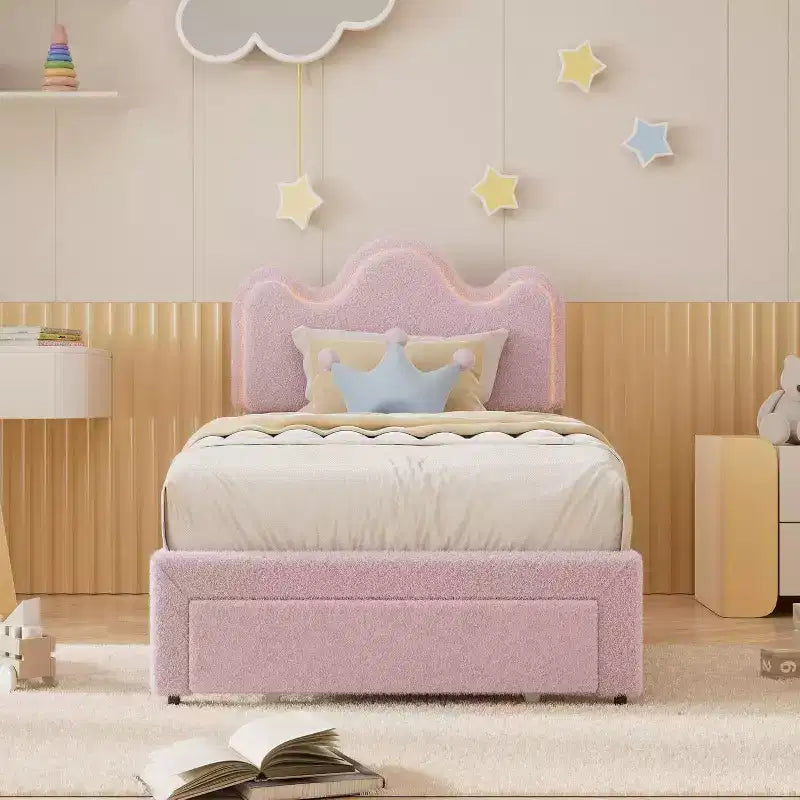Upholstered Headboard Bed Frame for Girls, Boucle Platform with Storage Drawers, Princess Design for Kids, Strong Wood Slat Support.