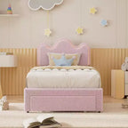 Upholstered Headboard Bed Frame for Girls, Boucle Platform with Storage Drawers, Princess Design for Kids, Strong Wood Slat Support.