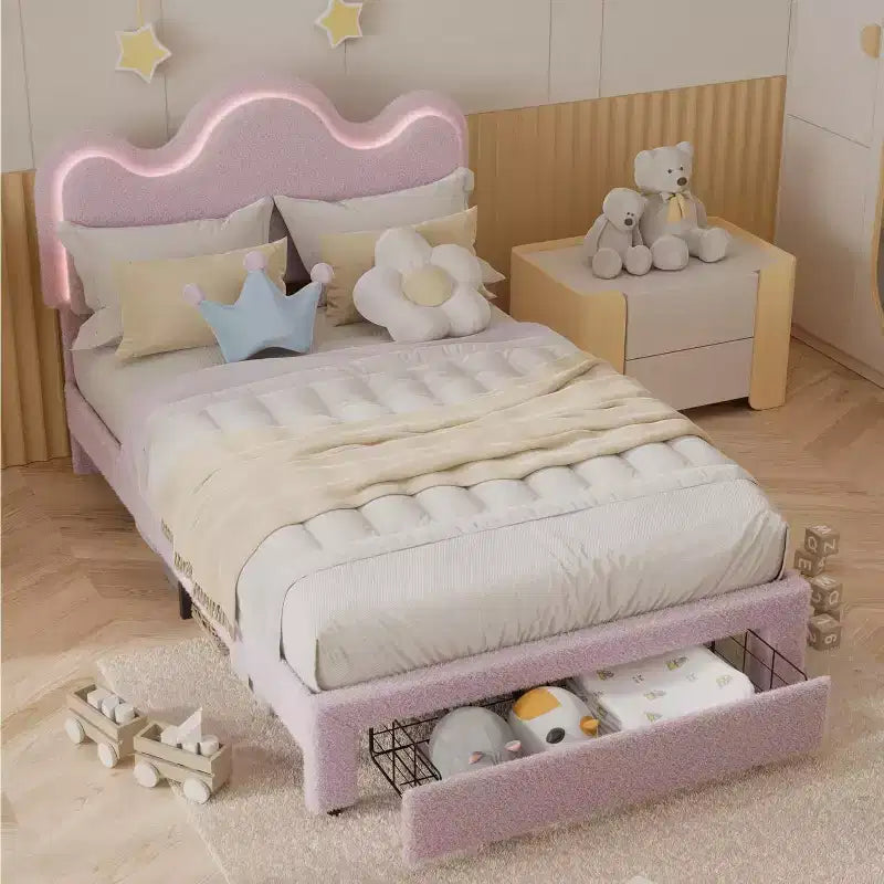 Upholstered Headboard Bed Frame for Girls, Boucle Platform with Storage Drawers, Princess Design for Kids, Strong Wood Slat Support.
