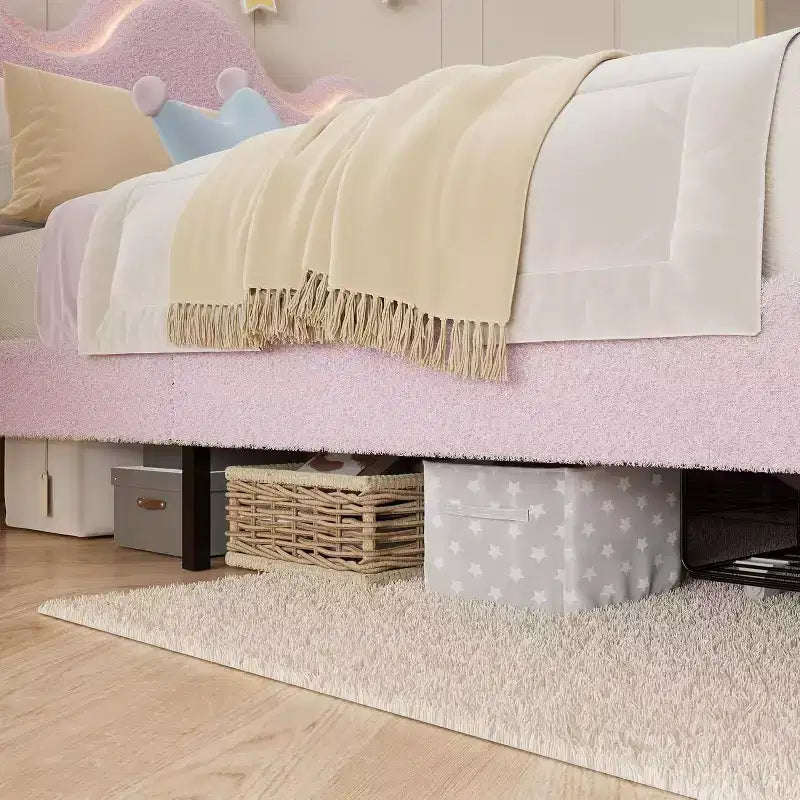 Upholstered Headboard Bed Frame for Girls, Boucle Platform with Storage Drawers, Princess Design for Kids, Strong Wood Slat Support.