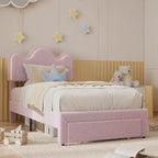 Upholstered Headboard Bed Frame for Girls, Boucle Platform with Storage Drawers, Princess Design for Kids, Strong Wood Slat Support.