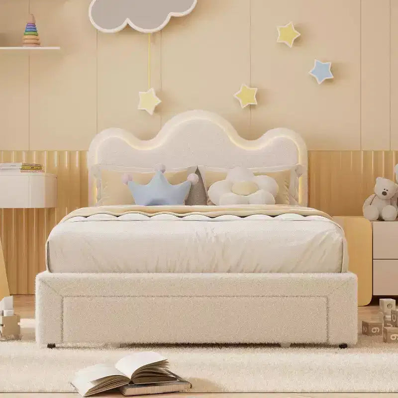 Upholstered Headboard Bed Frame for Girls, Boucle Platform with Storage Drawers, Princess Design for Kids, Strong Wood Slat Support.