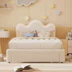 Upholstered Headboard Bed Frame for Girls, Boucle Platform with Storage Drawers, Princess Design for Kids, Strong Wood Slat Support.