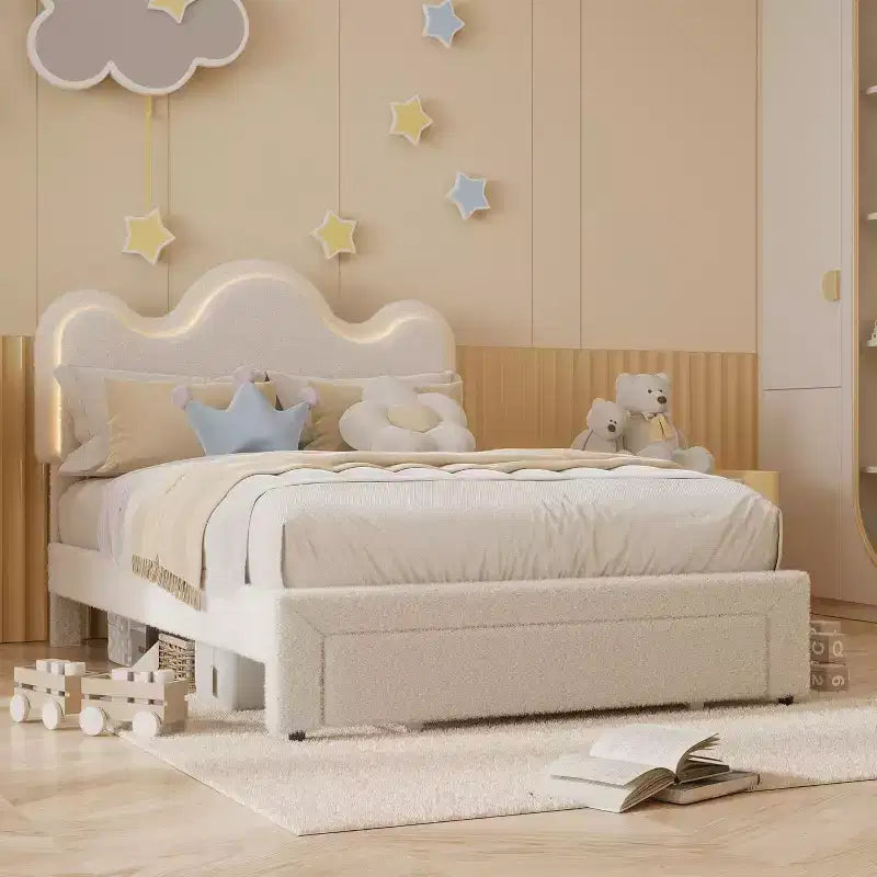 Upholstered Headboard Bed Frame for Girls, Boucle Platform with Storage Drawers, Princess Design for Kids, Strong Wood Slat Support.