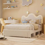 Upholstered Headboard Bed Frame for Girls, Boucle Platform with Storage Drawers, Princess Design for Kids, Strong Wood Slat Support.