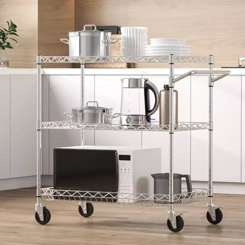 VEVOR Kitchen Utility Cart, 3 Tiers, Wire Rolling Cart with 661LBS Capacity, Metal Storage Trolley with 80mm Deep Basket Curved Handle 6 Hooks