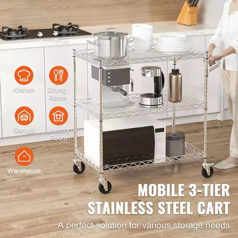 VEVOR Kitchen Utility Cart, 3 Tiers, Wire Rolling Cart with 661LBS Capacity, Metal Storage Trolley with 80mm Deep Basket Curved Handle 6 Hooks