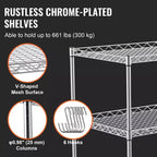 VEVOR Kitchen Utility Cart, 3 Tiers, Wire Rolling Cart with 661LBS Capacity, Metal Storage Trolley with 80mm Deep Basket Curved Handle 6 Hooks