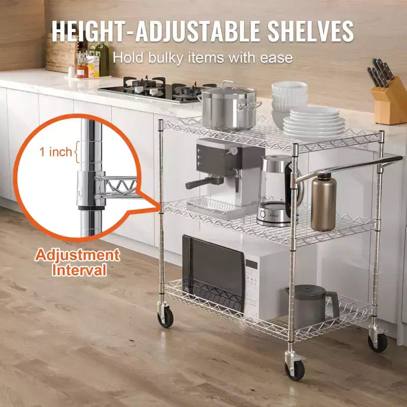 VEVOR Kitchen Utility Cart, 3 Tiers, Wire Rolling Cart with 661LBS Capacity, Metal Storage Trolley with 80mm Deep Basket Curved Handle 6 Hooks