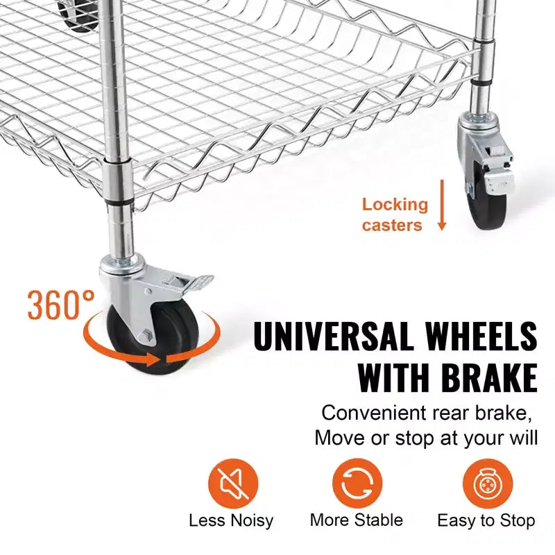 VEVOR Kitchen Utility Cart, 3 Tiers, Wire Rolling Cart with 661LBS Capacity, Metal Storage Trolley with 80mm Deep Basket Curved Handle 6 Hooks
